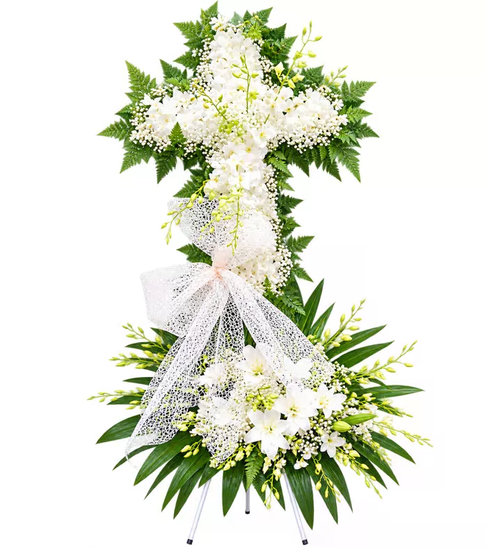 Kệ hoa viếng chữ thập trắng