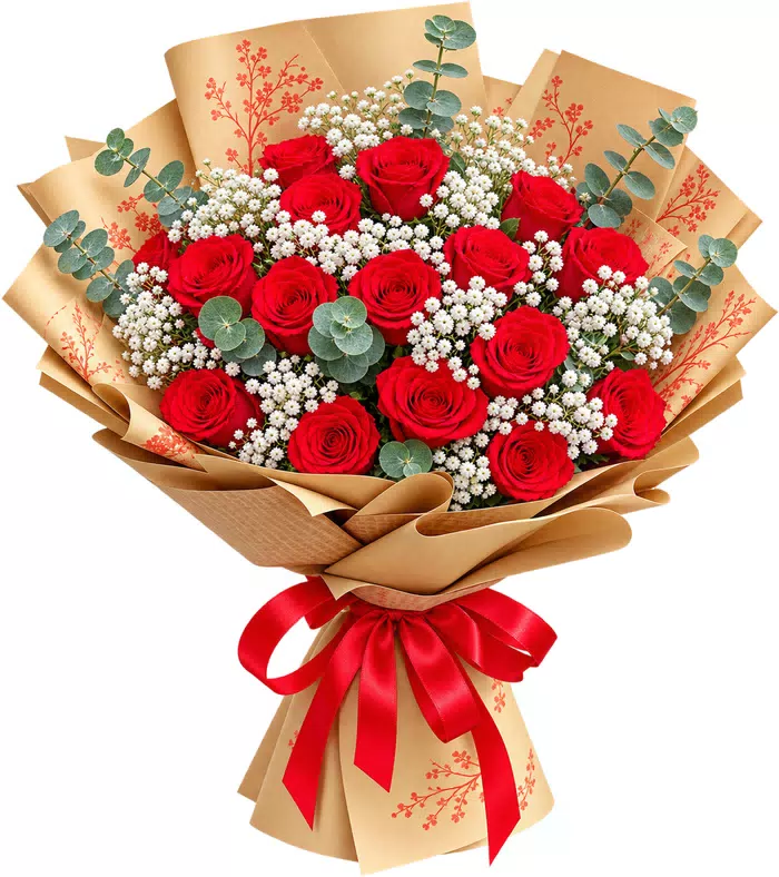 Bó hồng đỏ giấy kraft in