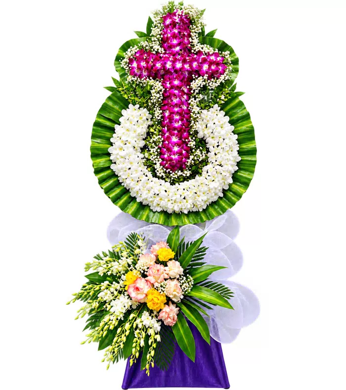 Kệ hoa viếng chữ thập tím