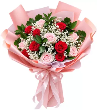Bó hồng đỏ phối cẩm chướng