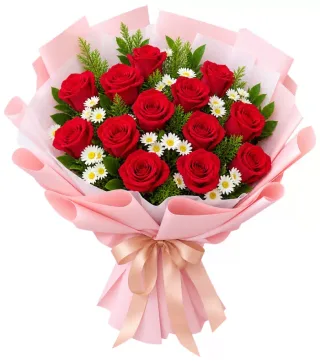 Bó hồng đỏ phối cúc nhỏ