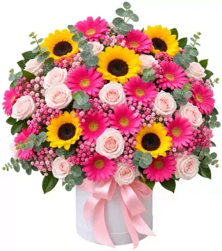Bình hướng dương phối hoa hồng