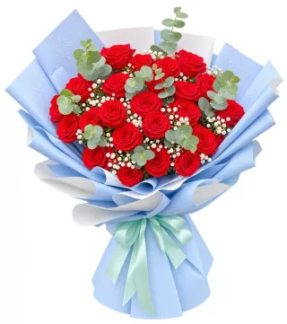 Bó hồng đỏ giấy xanh