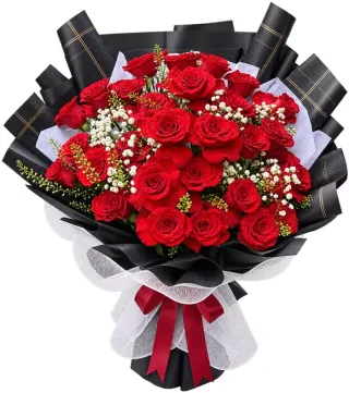 Bó hồng đỏ giấy đen kẻ