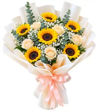 Bó hướng dương phối hồng kem