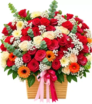 Giỏ hồng đỏ kem phối cúc