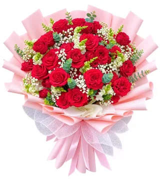 Bó hồng đỏ gói hồng