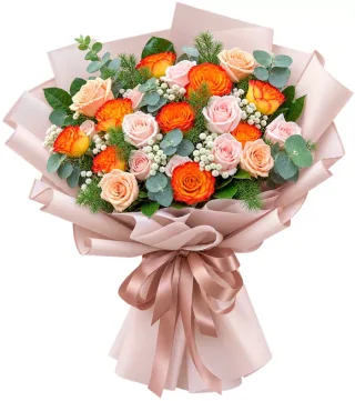 Bó hồng cam kem gói hồng