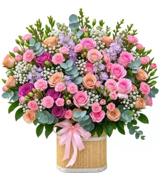 Giỏ hồng phấn phối hoa nhỏ
