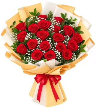 Bó hồng đỏ giấy vàng kem