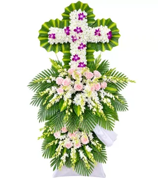 Kệ hoa viếng chữ thập trắng tím