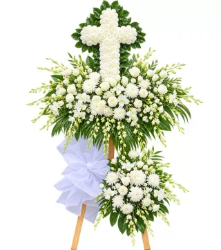 Kệ hoa viếng chữ thập hồng trắng