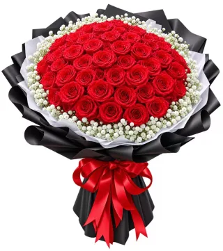 Bó hồng đỏ tròn giấy đen