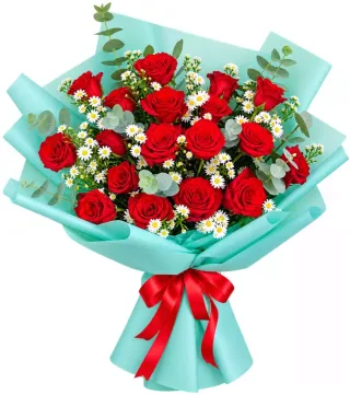 Bó hồng đỏ gói xanh
