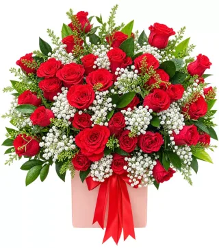 Hộp hồng đỏ phối lá xanh
