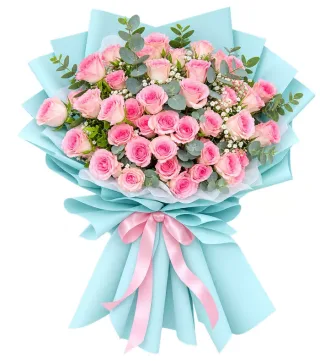 Bó hồng phấn gói xanh