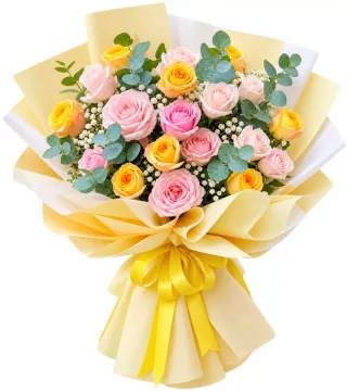 Bó hồng phấn vàng gói vàng