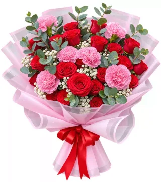 Bó hồng đỏ phối cẩm chướng