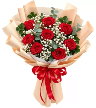 Bó hồng đỏ gói cam kem