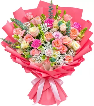 Bó hồng pastel giấy hồng đậm