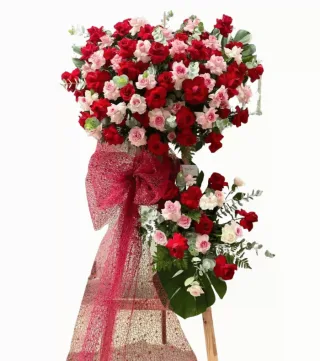 Kệ khai trương đỏ phối trắng