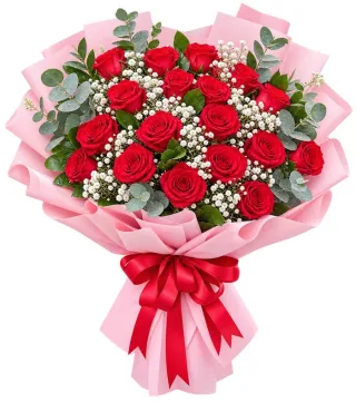 Bó hồng đỏ gói hồng