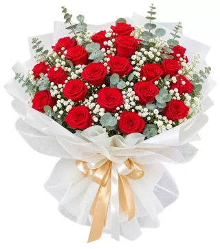 Bó hồng đỏ gói trắng kem