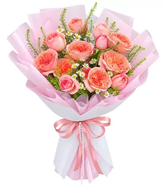 Bó hồng cam phấn giấy hồng