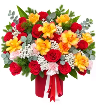 Giỏ hồng đỏ phối hoa vàng