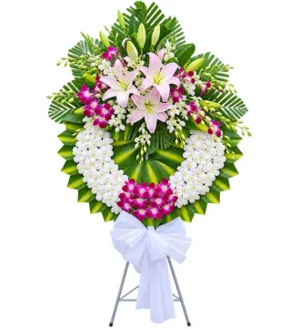 Vòng hoa viếng ly hồng trắng tím
