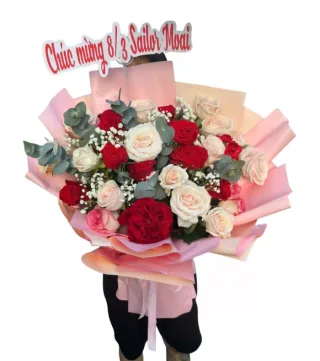 Bó hồng đỏ phối hồng kem
