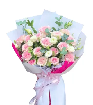 Bó hoa cẩm chướng hồng phối cát tường trắng