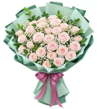 Bó hồng phấn gói xanh