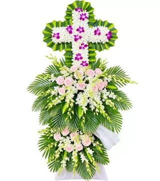 Kệ hoa viếng chữ thập hồng tím