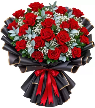 Bó hồng đỏ giấy đen viền vàng