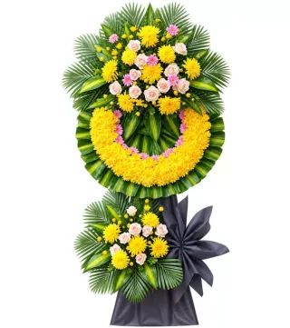 Kệ hoa viếng vàng hồng nơ đen