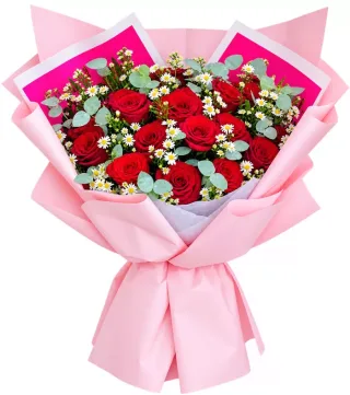 Bó hồng đỏ phối cúc nhỏ