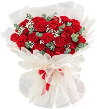 Bó hồng đỏ gói trắng