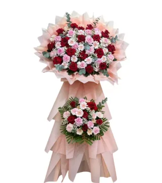 Kệ khai trương hồng phấn phối trắng