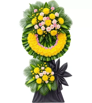 Kệ hoa viếng vàng hồng nơ đen