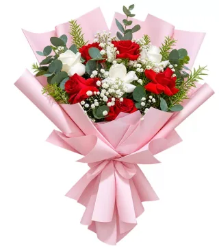 Bó hồng đỏ phối hoa trắng