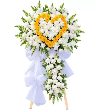 Kệ hoa viếng trái tim vàng trắng