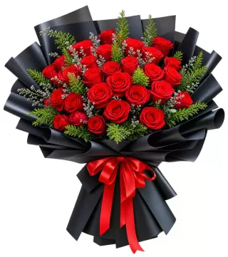 Bó hồng đỏ phối lá xanh