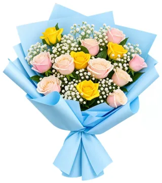 Bó hồng vàng phấn gói xanh