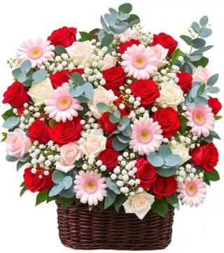 Giỏ hồng đỏ phối đồng tiền