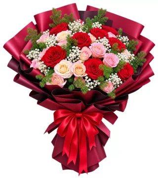 Bó hồng đỏ phấn gói đỏ sẫm
