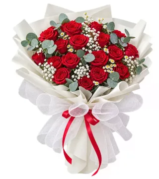 Bó hồng đỏ giấy trắng lưới