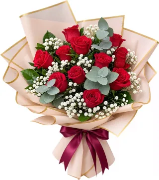 Bó hồng đỏ giấy kem viền vàng