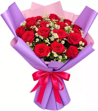 Bó hồng đỏ giấy tím