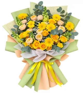 Bó hồng vàng phối đồng tiền